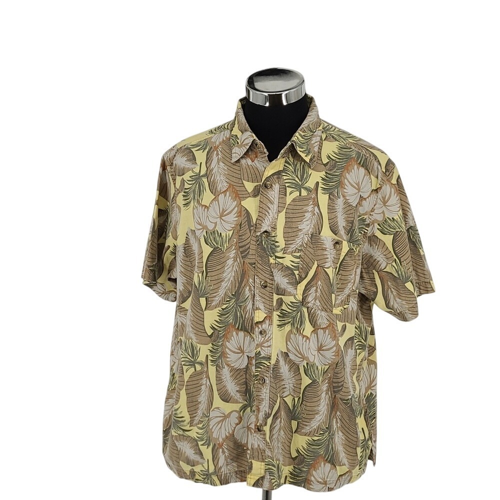 Croft & Barrow Mens XL Tropical Leaf Print Button Down Shirt Yellow Tan Short Sl